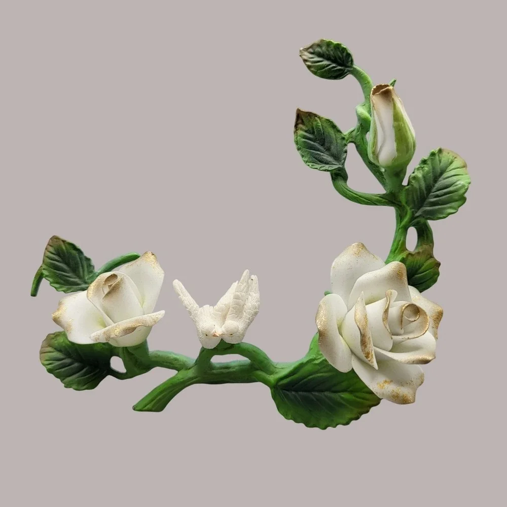 Vintage Metal And Porcelain Floral Figurine White Dove Shelf Decor